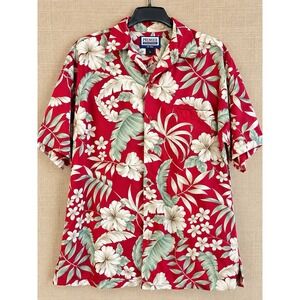 Premier International Men’s Large Hawaiian Shirt Red Floral Tropical Button Up